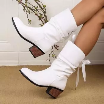 High Quality Female Footwear 2024 Latest Model Rear Lace-up Fashion Women s Boots Fashionable and Simple White Mid-calf Boots 36 красный