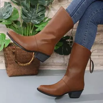 High Quality Female Footwear 2024 New Stylish and Simple Women s Mid Calf Boots Comfortable Square Heel Casual Zipper Boots 36 чёрный