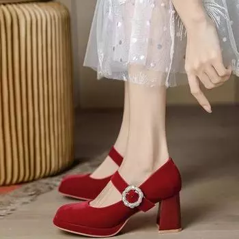 High Quality Female High Heels Women s Elegant Red Mary Janes shoes Woman Flower buckle Strap arty wedding Pumps Zapatos Mujer 3.5