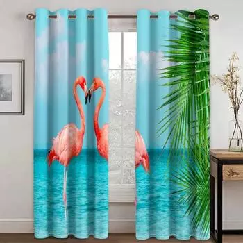 Высококачественные плотные затемняющие шторы с принтом фламинго, пляжа и моря, розовые животные для окон в гостиной, высокие затемняющие шторы, новые шторы W55 X H120cm X 2&HOOK