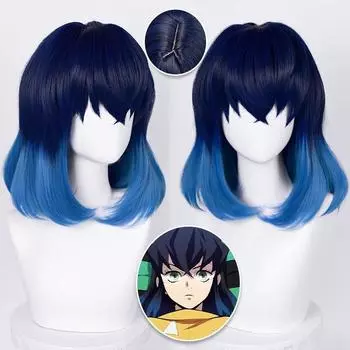 High Quality Hashibira Inosuke Cosplay Wig Blue Ombre Heat Resistant Hair Anime Role Play Wigs +Wig Cap One Size