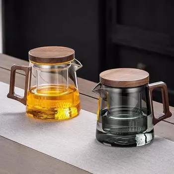High quality heat-resistant glass teapot with glass filter cup, high-end solid wood lid, 550ml серый