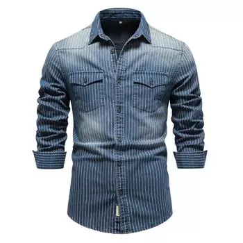 High quality heavy duty washed distressed striped denim shirt for men men s long sleeve denim shirt S