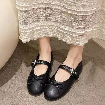 High Quality Hot Selling Women s Flat Shoes with Bow Belt Buckle Mary Jane Shoes 2024 Outdoor Dress Casual Light Shoes for Women 35 чёрный