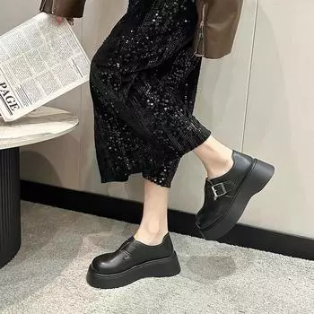 High Quality Ladies Shoes Buckle Strap Women s High Heels Fashion Round Toe Office and Career Hot Sale Solid Platform Heels 35 чёрный