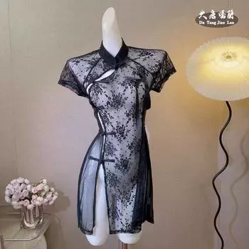 Высококачественное эротическое нижнее белье большого размера, старинная пижама ципао, легкая и тонкая, сексуальная, чистое желание, высокая разрезная кружевная юбка F (80-80kg)