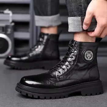 High Quality Leather Lace Up Ankle Shoe Outdoor Men Motorcycle Boots Autumn Winter Shoes Non Slip Warm Plush Fur Snow Boots 38