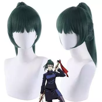 High Quality Maki Zenin Cosplay Wig Jujutsu Kaisen 60cm Dark Green Heat Resistant Synthetic Hair Anime Cosplay Wigs + Glasses One Size
