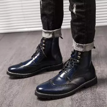 High Quality Men Casual Leather Ankle Boots British Lace-Up Knight Boots Outdoor Antiskid Elegant Leather Platform Punk Booties 38 серебряный