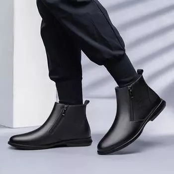 High-quality Men Chelsea Boots Genuine Leather Outdoor Fashion Leather Boots Classic Black Chelsea Boots Winter Plush Snow Boots 38 чёрный