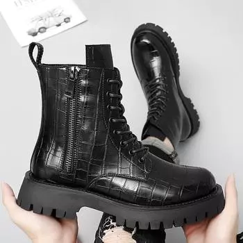 High Quality Men s Autumn and Winter Leather Side Zipper Comfortable High Boots Fashionable Men Classic Black Velvet Warm Boots 38 чёрный