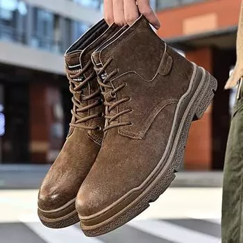 High Quality Men s Genuine Leather Boots All-match Tooling Leather Shoes for Men Motorcycle Ankle Boots Outdoor Mens Casual Shoe 38 темно-коричневого