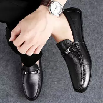 High Quality Men Spring Top Layer Fashionable Casual Leather Shoes Brand Men Soft Cowhide Anti Slip Bean Sole Comfortable Loafer 37 чёрный