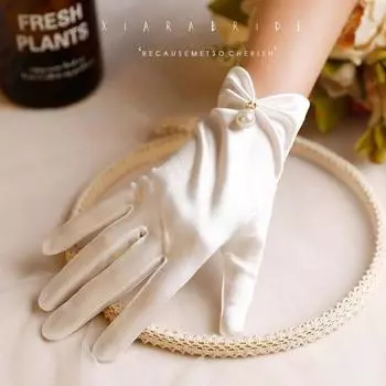 High Quality Satin Lolita Pearl Bows Gloves Ins Generate Color Lace Gloves Beautiful Super Fairy Photo White Pearl short Satin gloves