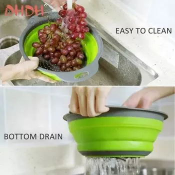High Quality Silicone Folding Drain Basket Fruit Vegetable Washing Basket Foldable Strainer Colander Kitchen Storage Tool