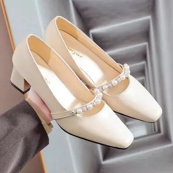 high quality soft comfort dress shoes Women s genuine leather beading buckle slip-on pumps square toe elegant ladies style 35