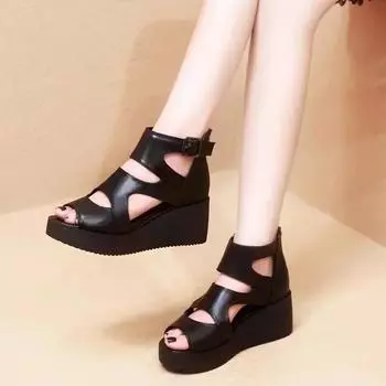 High Quality Soft Leather PU Sandals High Heel Platform Sandal Boot Wedge Peep Toe Women s Shoes Hollow Roman 2024 35