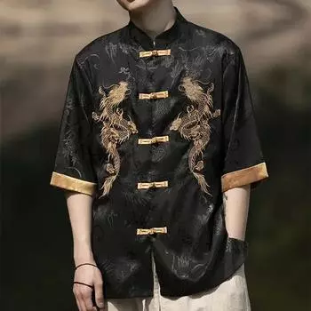 High Quality Summer Dress Dragon Embroidery Shirt Men Clothing Ice Silk Half Sleeve Vintage Tops Plus Size XXXXXL белый
