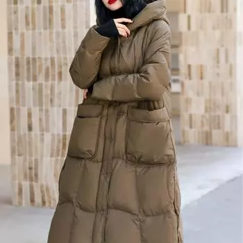 High-quality White Duck Down Jacket Medium and Long 2025 Winter New Hooded Korean Version Slim Casual Jacket Tide M