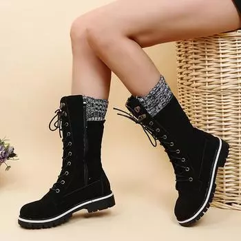 High-quality Winter Warm Boots Women s Winter Side-pull Lace-up Knitted Mid-tube Boots Low-heeled Round-toe Boots Botas De Mujer 35 красный