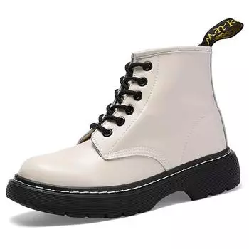 High Quality Women s Leather Boots Fashion Casual Beige Ankle Boots For Women Winter Classic Lace-up Short Barrel Boots Woman 35