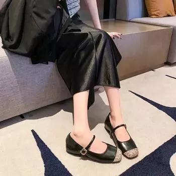 Женская обувь высокого качества Весенне-осенняя мода Квадратный носок Мелкий вырез Блестки Пряжка-одно слово Женские балетки 35