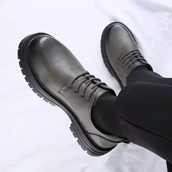 High-qualityMen Thick Soled Round Head Leather Shoes Casual Business Dress Shoes Male Brand Lace Up Oxfords Formal Wedding Shoes 38 чёрный