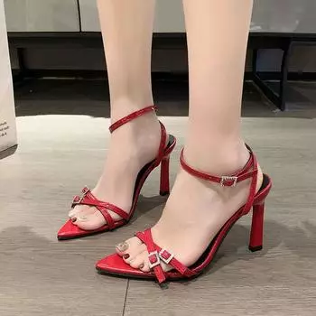 High sense cut masculine temperament socialite open toe pointed rhinestone square buckle with high heels sandals 2025 summer fashion 34