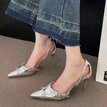 High sense European and American pointed silver high heels bag head sandals women s fashion versatile punk style single shoes Internet celebrity s one pair of half-size pads 7.95 yuan