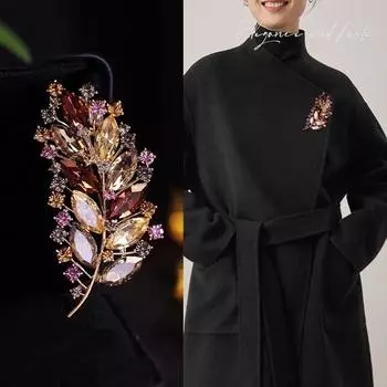 High Sense Retro Luxury Leaf Brooch Универсальный костюм, пальто, платье, аксессуары Цветной искусственный кристалл, модный корсаж фиолетовый