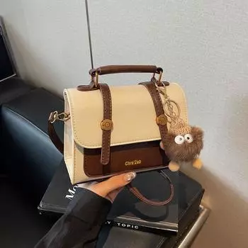 High Sense Retro Small Bag Women 2025 New Early Spring Versatile Messenger Bag Fashion Super Popular Portable Square Sling Bag White Spell Brown [Collection Send Pendant]]