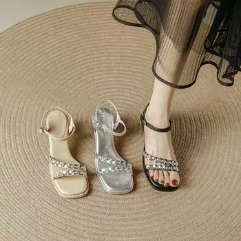 High sense transparent thick heel sandals women s fashion versatile word with crystal rhinestone 2025 Internet celebrity explosion sandals 34 телесный