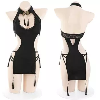 High Slit Sleeveless Cheongsam Chinese Traditional Erotic Dress Sexy Woman Tassels Decoration Underwear Sexy Lingerie XS