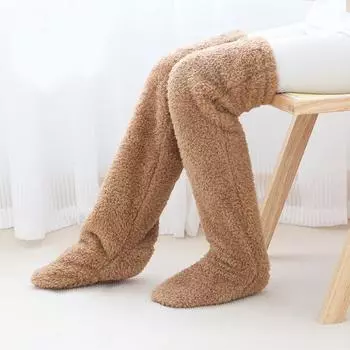 High Sock Knee Slipper Plush Cozy Fuzzy Socks Women Warm Soft Fluffy Thick Gift Brown