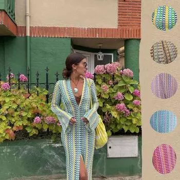 High Split Crochet Colorful Dress Flare Sleeve Long Sleeve Dress Vacation Evening Dress l коричневый