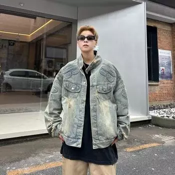 High Street American Couple Design Sense Break Vintage Loose Motorcycle Denim Jacket Armor Men s Trend Jacket M