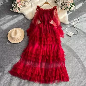 High Street Cake Сетчатое вечернее платье женское с открытыми плечами многоуровневый эластичный сарафан кружевное платье макси в горошек One Size