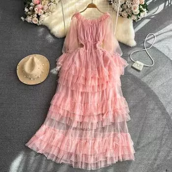 High Street Cake Сетчатое вечернее платье женское с открытыми плечами многоуровневый эластичный сарафан кружевное платье макси в горошек One Size