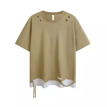 High Street Fake Two Pieces с рваным краем и футболкой с короткими рукавами для мужского тяжеловесного летнего модного хип-хоп-парного наряда с половиной рукавов M