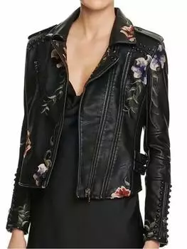 High Street Moto Rivet Black Punk Вышивка Искусственная кожа Куртки Женская Верхняя одежда Байкер Весна Осень Цветочный принт Пальто Плюс Размер XXL чёрный