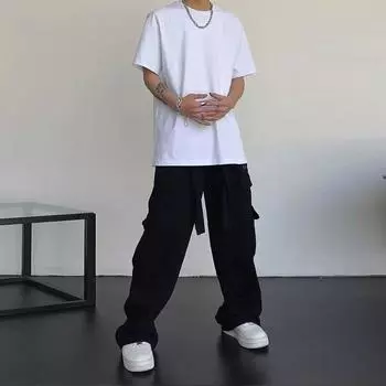 Уличные ретро повседневные комбинезоны с большими карманами для мужчин и женщин, новые летние свободные прямые брюки-трубы с драпировкой и высокой талией M серый