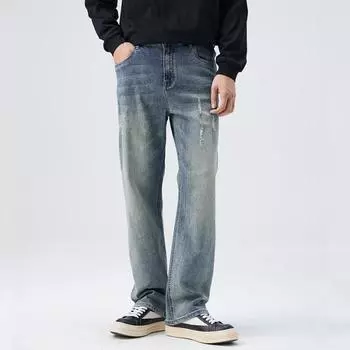 High Street Ripped Spring New Jeans Men s American Retro Straight-Piece Slim Pants S синий