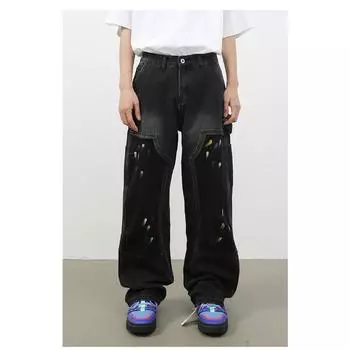 High Street Straight Ink Splattered Jeans Men Vintage Loose Straight Wide Leg Trousers Straight Loose Jeans for Men Fashion and Comfortable Pants S черный серый