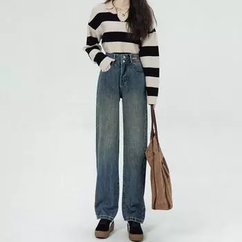 High Street Versatile High Waist Wide Leg Jeans Women s Loose Spring and Autumn Skinny Floor Mopping Straight Jeans S