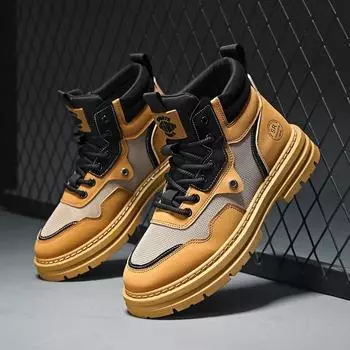 High Top 2024 Street Boots Mens Leather Shoes Fashion Motorcycle Ankle Boots for Men Winter Boots Male Shoes Laceup Botas Hombre 40 хаки