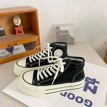 High-top canvas shoes women s autumn and winter new student flat-bottomed white shoes lace-up trendy women s shoes 35