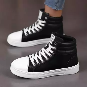 High-top casual board shoes women s autumn 2024 new large size 46 small size 35 white shoes PU thick-soled single cotton shoes 35