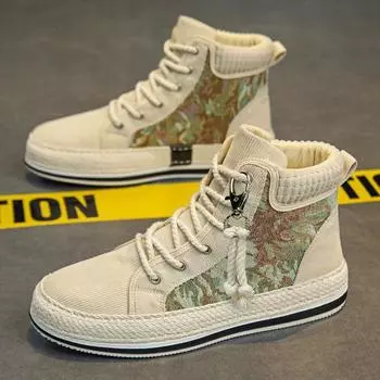 High-top cloth shoes men s shoes autumn breathable 2024 new corduroy straw board shoes men s casual trendy shoes students 39