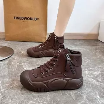 High-top little white shoes for women s 2024 autumn and winter students ins trendy shoes versatile casual thick baseplate shoes for women L1322 35 коричневый