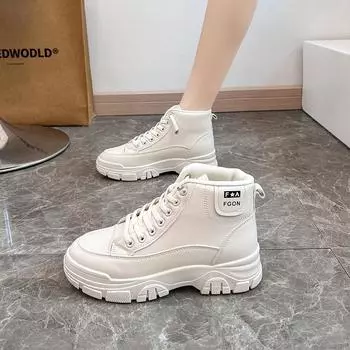 High-top little white shoes women s 2024 autumn and winter students ins trendy shoes versatile casual thick baseplate shoes SH320-1 35 бежевый